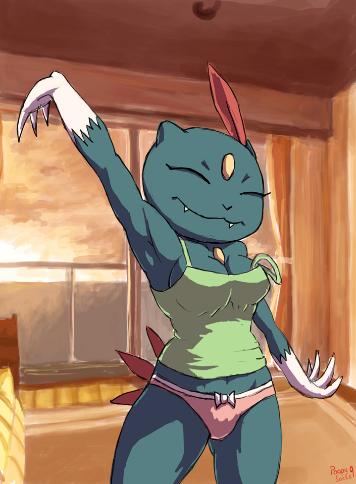 2013 anthro anthrofied armpits bed bedroom breasts claws cleavage clothed clothing eyes_closed feathers good_morning hi_res inside loose_clothing mammal morning navel nintendo panties pok&eacute;mon poopysocks9 raised_arm shirt sneasel solo standing sunrise tired underwear video_games window