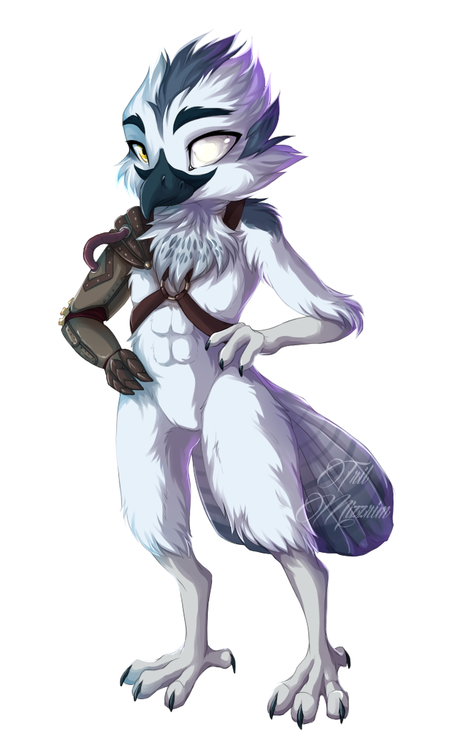 4_fingers abs alpha_channel anthro avian barefoot beak bird black_beak blue_hair feathers featureless_crotch fluffy fur hair looking_at_viewer male prosthetic simple_background smile solo standing transparent_background tril-mizzrim white_feathers white_fur yellow_eyes