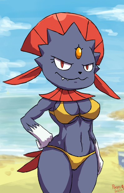 2013 anthro anthrofied armpits athletic beach bikini breasts claws cleavage clothed clothing cloud fangs feathers female gem hand_on_hip looking_at_viewer low_res mammal midriff navel nintendo pok&eacute;mon pok&eacute;morph poopysocks9 seaside sharp_teeth solo standing swimsuit teeth thick_thighs video_games water weavile