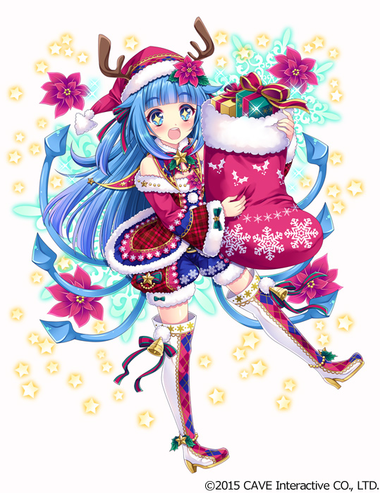 +_+ :d antlers bangs bell blue_hair blunt_bangs blush boots brown_eyes company_name flower gift gothic_wa_mahou_otome hat long_hair official_art open_mouth red_hat simple_background smile stocking_stuffer tentacle_hair thigh_boots thighhighs tokinon very_long_hair white_background
