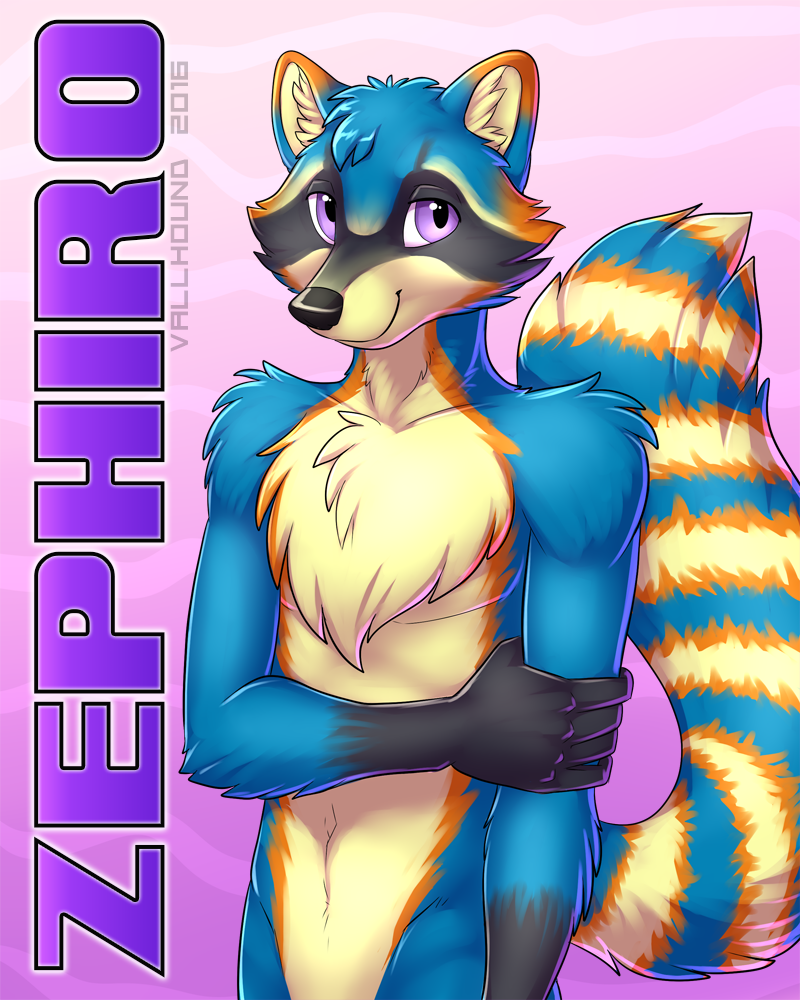 2016 5_fingers anthro black_fur black_nose blue_fur casual_nudity digital_media_(artwork) fluffy fluffy_tail front_view fur gloves_(marking) half-length_portrait long_tail looking_at_viewer male mammal markings multicolored_fur name_badge nude orange_fur pattern_background pink_eyes portrait raccoon ringed_tail signature simple_background smile solo standing tan_fur vallhund zephiro