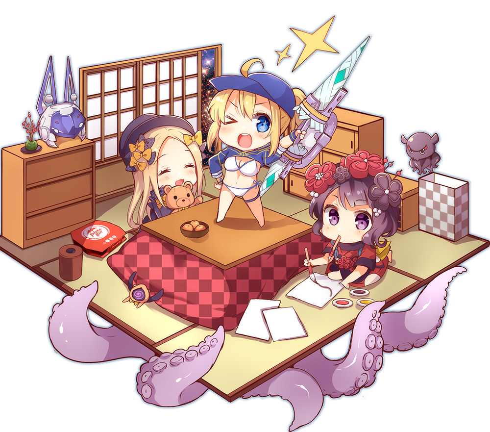 &gt;_o 3girls :d ;d ^_^ abigail_williams_(fate/grand_order) ahoge animal artoria_pendragon_(all) bangs barefoot baseball_cap basket bikini black_bow black_dress black_hat blonde_hair blue_eyes blue_hat blush bow brand_name_imitation breasts checkered chest_of_drawers cleavage closed_eyes commentary_request dress eyebrows_visible_through_hair eyes_closed fate/grand_order fate_(series) food forehead fruit fur_collar hair_between_eyes hair_bow hair_ornament hair_through_headwear hat helmet holding holding_paintbrush holding_weapon japanese_clothes katsushika_hokusai_(fate/grand_order) kimono kotatsu long_hair looking_at_viewer mandarin_orange medium_breasts multiple_girls mysterious_heroine_xx_(foreigner) navel object_hug octopus on_table one_eye_closed open_mouth orange_bow paintbrush parted_bangs pizza_hut polka_dot polka_dot_bow puffy_short_sleeves puffy_sleeves round_teeth shiroi_hakuto short_sleeves side-tie_bikini smile sparkle standing stuffed_animal stuffed_toy suction_cups sweatband swimsuit table teddy_bear teeth tentacle tokitarou_(fate/grand_order) twinmyniad upper_teeth very_long_hair weapon white_background white_bikini wristband