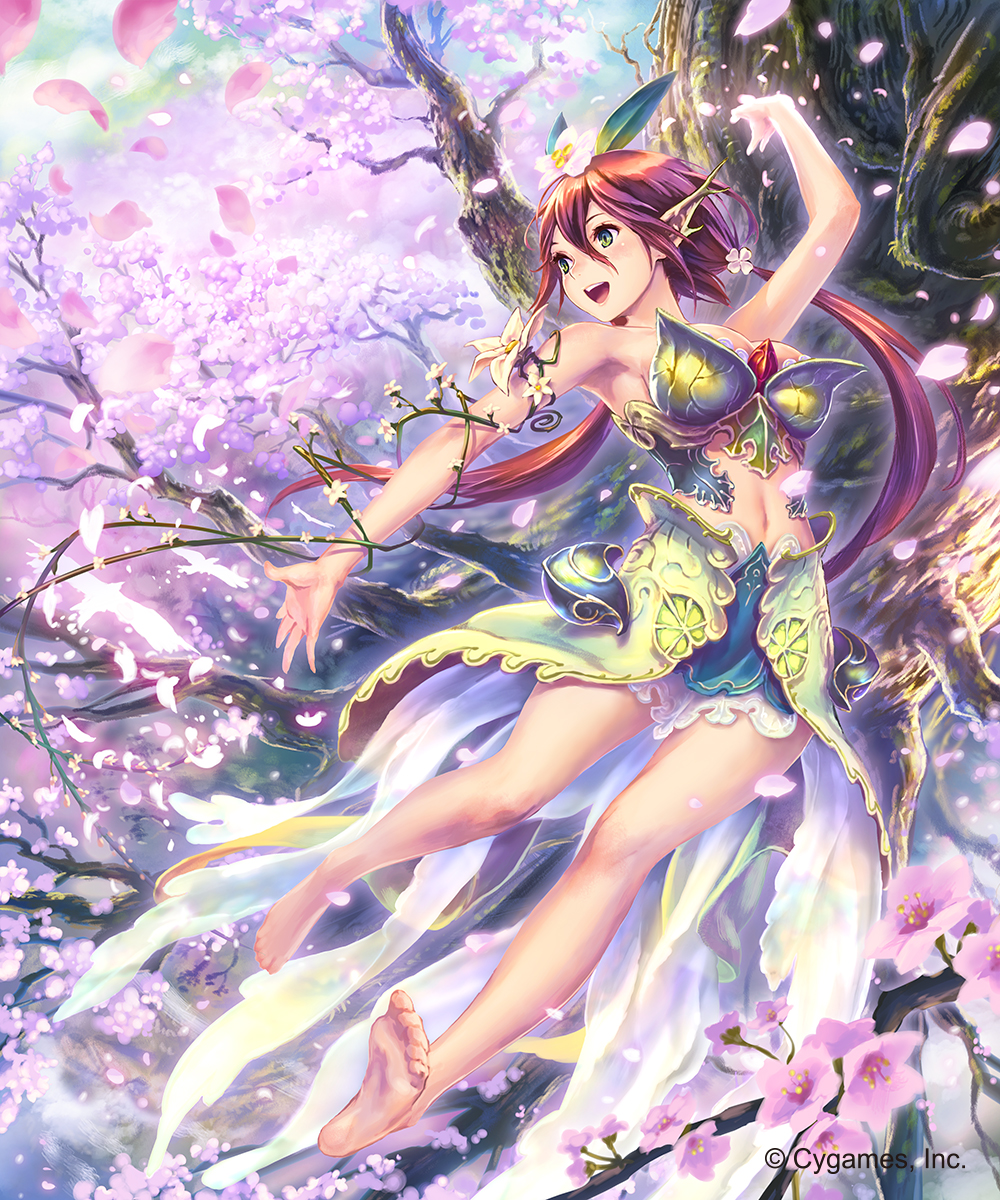 bare_legs bare_shoulders barefoot bird breasts cherry_blossoms commentary cygames dress fantasy flower flower_on_head full_body granblue_fantasy green_eyes highres hisakata_souji large_breasts leaf leaf_on_head long_hair petals plant plant_girl pointy_ears red_hair shingeki_no_bahamut solo tree twintails vines white_skin yggdrasil_(granblue_fantasy)