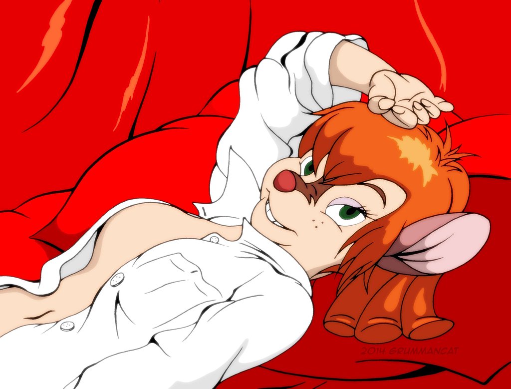 an_american_tail anthro breasts bridget clothed clothing female green_eyes grummancat hair mammal mouse navel open_shirt red_hair rodent solo unbuttoned white_shirt