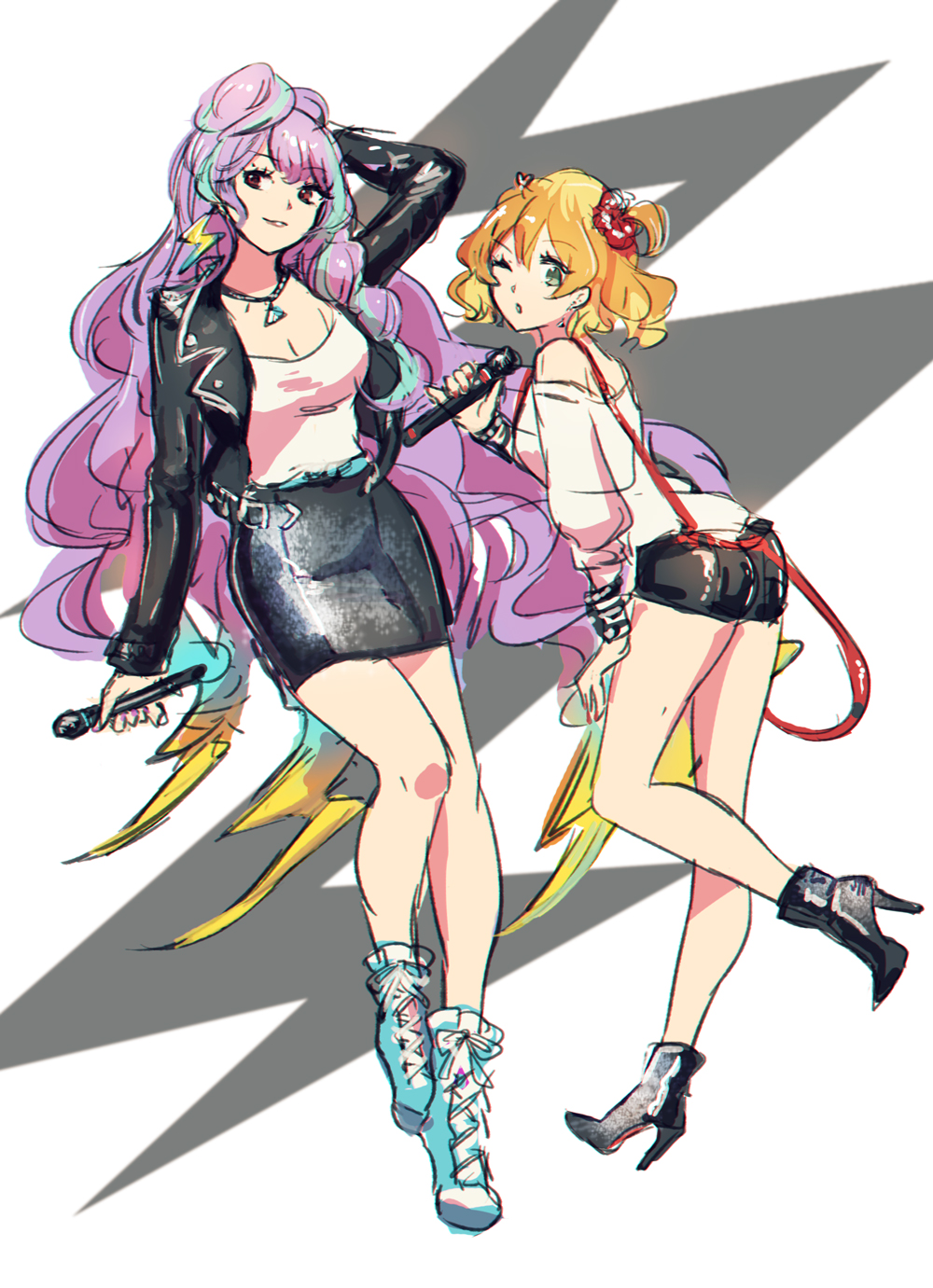 2girls ;o black_footwear black_jacket black_shorts black_skirt blonde_hair blue_footwear breasts cleavage freyja_wion green_eyes hair_ornament hair_scrunchie hand_behind_head high_heels highlights highres holding holding_microphone jacket jewelry long_hair long_sleeves looking_at_viewer macross macross_delta microphone mikumo_guynemer miniskirt multicolored_hair multiple_girls necklace one_eye_closed one_side_up open_clothes open_jacket parted_lips pencil_skirt purple_hair red_eyes red_scrunchie scrunchie shimatani_azu shirt short_hair short_shorts shorts sketch skirt very_long_hair white_background