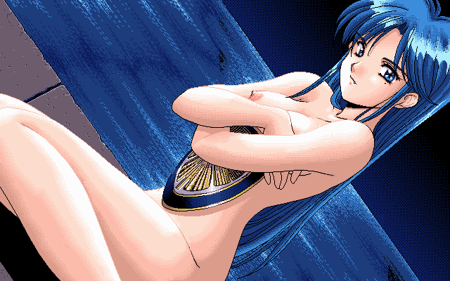 angry artist_request bangs blue_eyes blue_hair breasts closed_mouth covering covering_breasts crossed_arms dithering dutch_angle embarrassed eyebrows_visible_through_hair fang long_hair looking_at_viewer majan_gensoukyoku medium_breasts mole mole_under_eye night nipples nude parted_bangs pc98 pixel_art shiny shiny_hair sitting sky solo very_long_hair water