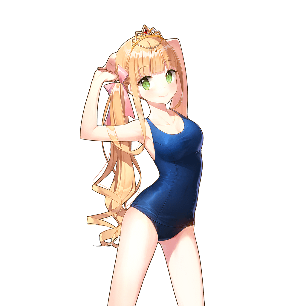 armpits arms_behind_head arms_up bangs beads blonde_hair blue_swimsuit blunt_bangs blush breasts closed_mouth collarbone contrapposto covered_navel cowboy_shot eyebrows eyebrows_visible_through_hair green_eyes hair_ribbon hands_clasped happy interlocked_fingers leaning_to_the_side legs_apart light_smile lina_princella long_hair looking_at_viewer medium_breasts official_art old_school_swimsuit one-piece_swimsuit own_hands_together pink_ribbon ribbon ruby_(stone) salt_(salty) school_swimsuit side_ponytail sidelocks skin_tight smile solo standing stretch swimsuit taut_clothes tiara topaz_(stone) transparent_background uchi_no_hime-sama_ga_ichiban_kawaii very_long_hair wavy_hair