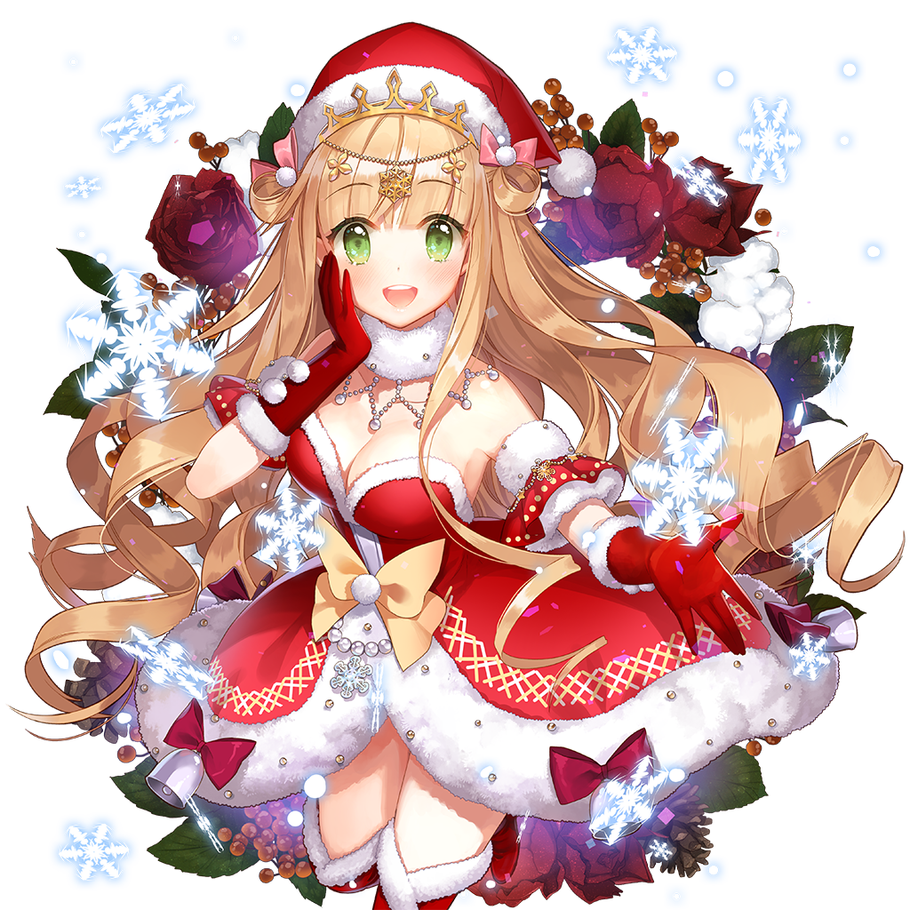 armpits bare_shoulders beads bell blonde_hair blurry blush bokeh boots bow breasts christmas cleavage collarbone colored_eyelashes crown depth_of_field detached_collar detached_sleeves dress drill_hair eyebrows_visible_through_hair flower fur-trimmed_boots fur-trimmed_dress fur-trimmed_gloves fur-trimmed_legwear fur-trimmed_sleeves fur_collar fur_trim gloves glowing green_eyes hair_bow hair_rings hand_on_own_cheek hand_up happy hat holly jewelry leaf leg_lift leg_up lina_princella long_hair looking_at_viewer medium_breasts official_art open_mouth outstretched_arm pink_bow pom_pom_(clothes) red_bow red_dress red_flower red_footwear red_gloves red_legwear red_rose rose round_teeth salt_(salty) santa_costume santa_hat sidelocks smile snowflakes snowing solo standing standing_on_one_leg strapless strapless_dress teeth thigh_boots thighhighs transparent_background uchi_no_hime-sama_ga_ichiban_kawaii upper_teeth very_long_hair zettai_ryouiki