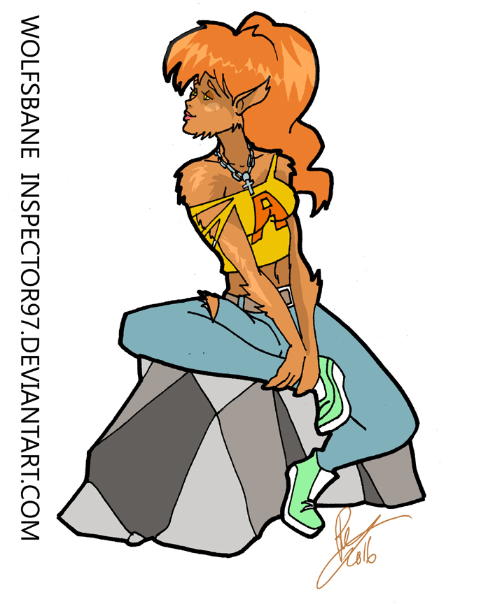 anthro canine clothing cross female footwear hair inspector97 jewelry mammal marvel midriff navel necklace pants red_hair rock shirt shoes simple_background smile solo torn_clothing were werewolf white_background wolfsbane x-men