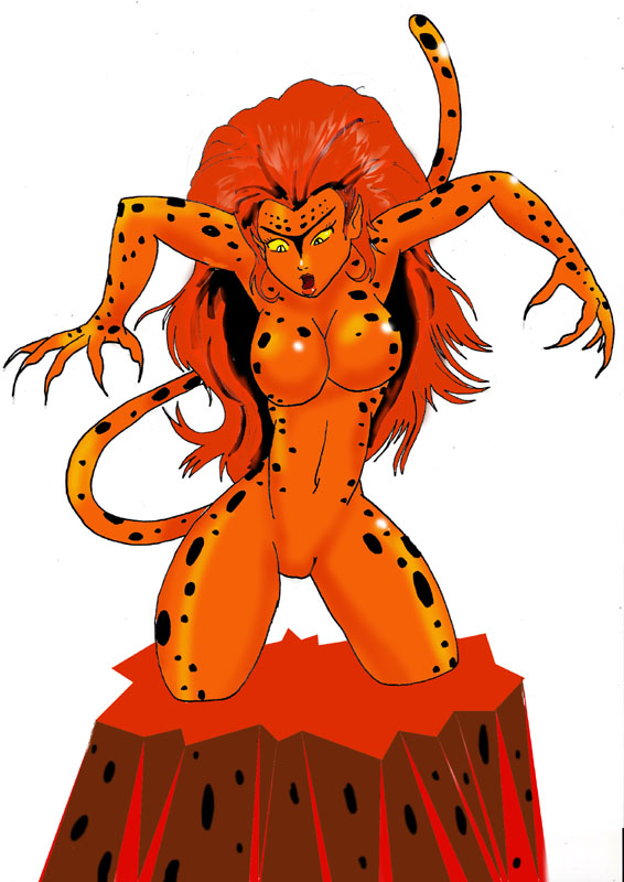 2010 breasts cheetah cheetah_(jl) featureless_breasts featureless_crotch feline female hair inspector97 long_hair looking_down mammal navel open_mouth red_hair solo spots yellow_eyes