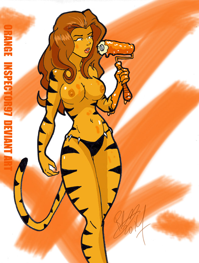 2014 animal_humanoid bikini bikini_bottom breasts clothed clothing feline female hair holding_object humanoid inspector97 long_hair mammal navel nipples open_mouth paintbrush red_hair simple_background solo stripes swimsuit tiger tiger_humanoid tigra topless