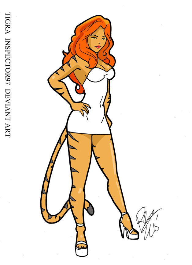 2015 animal_humanoid breasts cleavage clothed clothing dress feline female footwear hair hand_on_hip high_heels humanoid inspector97 looking_at_viewer mammal red_hair simple_background solo standing tiger tiger_humanoid tigra white_background