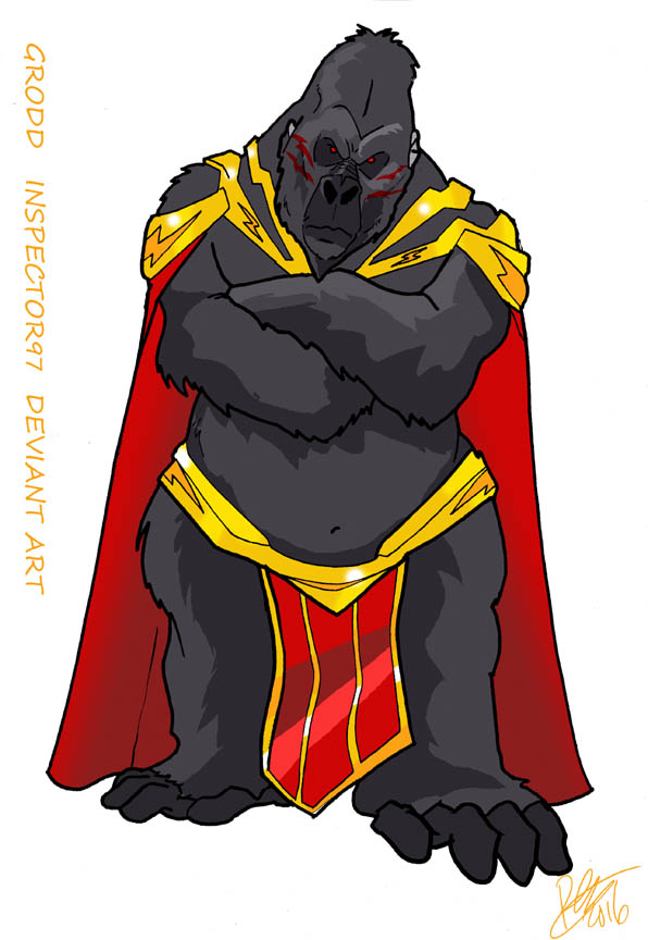 2016 ape cape clothing crossed_arms gorilla gorilla_grodd inspector97 loincloth looking_at_viewer male mammal navel primate red_eyes simple_background solo standing white_background