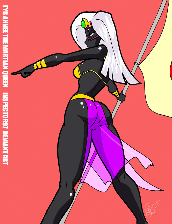 2015 alien armor bra bracers butt_pose clothing female flag hair headdress holding_object inspector97 loincloth pointing purple_eyes pussy queen_tyr'ahnee rear_view red_background simple_background solo translucent transparent_clothing underwear white_hair