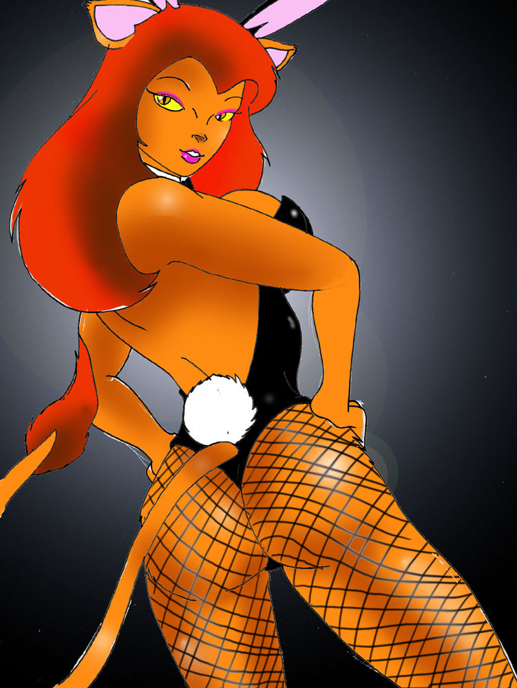 2010 amber_eyes anthro black_background bow_tie breasts bunny_costume butt butt_pose caitian clothing fake_ears fake_rabbit_ears feline female fishnet fishnet_legwear gradient_background hair hands_on_hips inspector97 legwear looking_at_viewer looking_back m'ress mammal red_hair simple_background solo tail_tuft tuft yellow_sclera