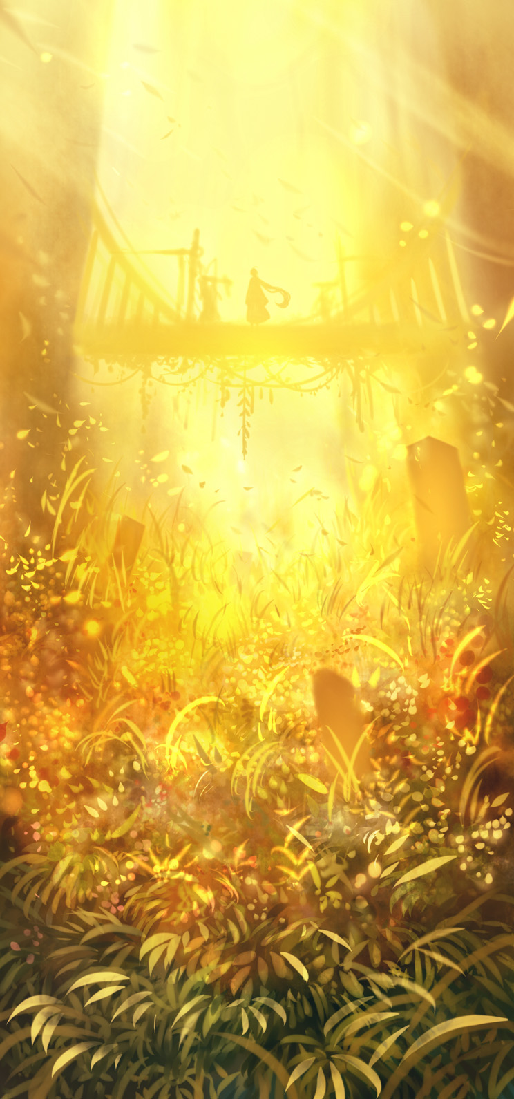 fantasy from_below grass highres lens_flare light light_particles long_hair original plant sakimori_(hououbds) scenery silhouette vines wind yellow