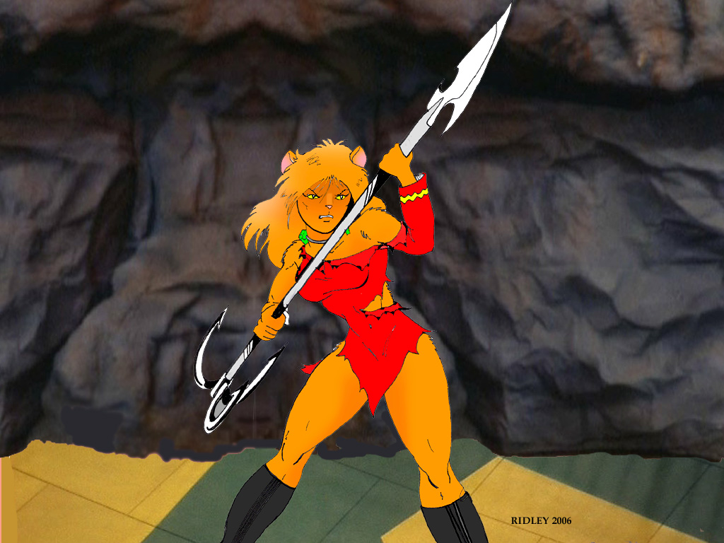 2006 angry anthro blonde_hair boots caitian clothing collar dress feline female footwear hair holding_object holding_weapon inspector97 m'ress mammal melee_weapon polearm solo spear star_trek_the_animated_series torn_clothing weapon yellow_eyes