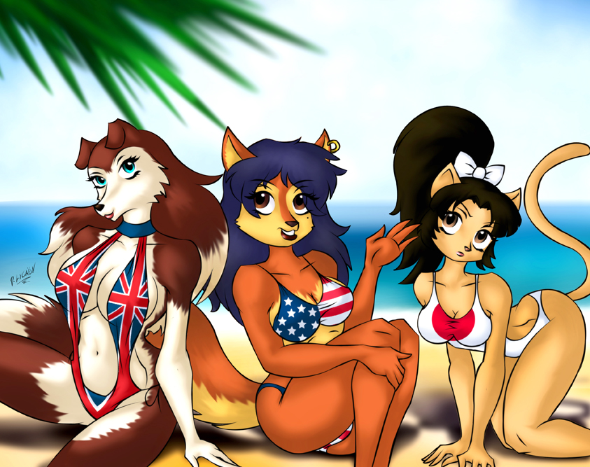 2012 all_fours anthro beach big_breasts bikini blue_eyes blue_hair breasts brown_eyes canine carmelita_fox cat cleavage clothed clothing colleen collie darksteellycaon dipstick_tail dog ear_piercing feline female fox fur gloves_(marking) group hair hair_bow hair_ribbon long_hair looking_at_viewer mammal markings multicolored_fur multicolored_hair multicolored_tail navel one-piece_swimsuit outside piercing ponytail ribbons road_rovers seaside sitting sling_bikini sly_cooper_(series) smile swimsuit tomoe_ame two_tone_fur two_tone_hair video_games waving