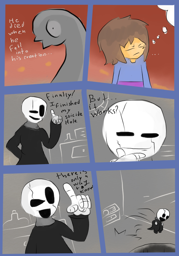 ! ... 2016 ? ambiguous_gender animated_skeleton anthro bone child clothed clothing comic e-01_(artist) english_text eyes_closed gaster human humor male mammal not_furry protagonist_(undertale) simple_background skeleton smile suicide text undead undertale video_games what young
