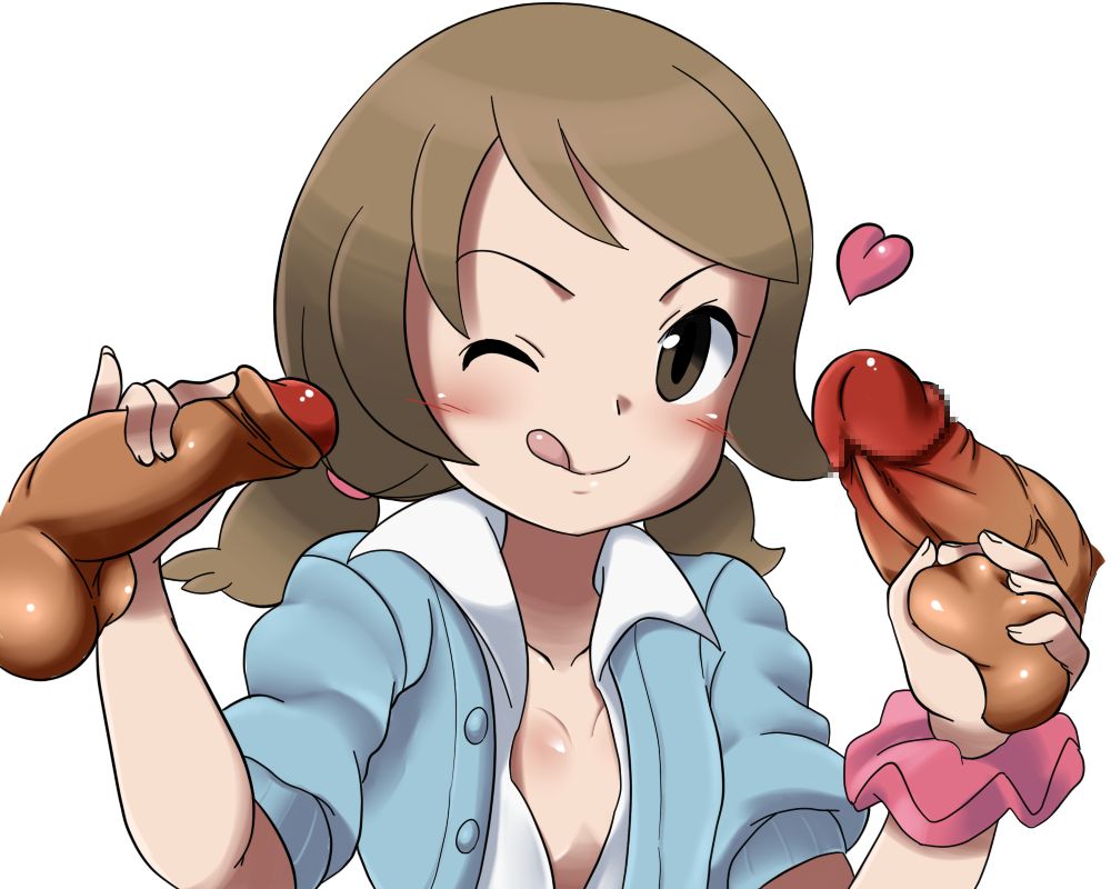 1girl caressing_testicles censored closed_mouth disembodied_penis eyelashes handjob heart lass_(pokemon) licking_lips looking_at_viewer mosaic_censoring nintendo npc_trainer one_eye_closed penis pointless_censoring pokemon refuto shiny shiny_skin solo_focus tongue tongue_out twintails upper_body