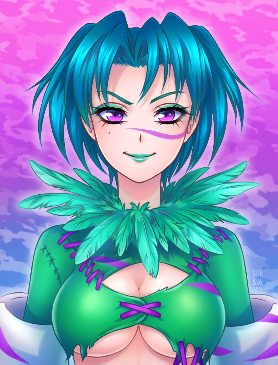 breasts burbur cleavage eyeshadow feathers green_hair highres lipstick looking_at_viewer makeup medium_breasts mole mole_under_eye pink_eyes short_hair smile solo soulcalibur soulcalibur_iii stitches tira_(soulcalibur) underboob