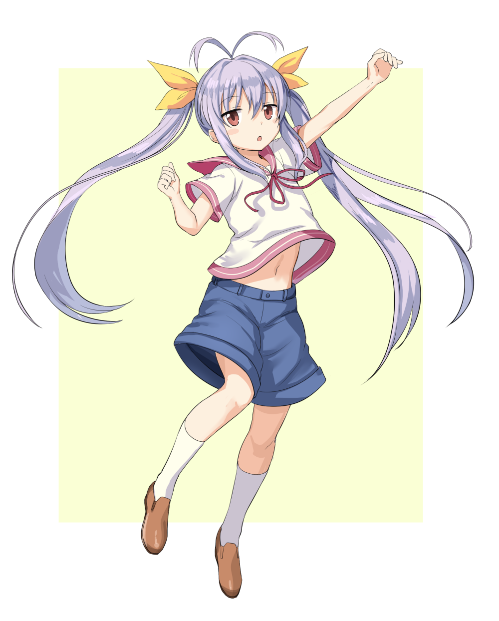 antenna_hair arm_up baggy_shorts bangs blue_shorts blush_stickers brown_eyes chestnut_mouth commentary_request full_body hair_between_eyes hair_ribbon highres ikomochi long_hair looking_at_viewer miyauchi_renge navel neck_ribbon non_non_biyori open_mouth outstretched_arm pink_ribbon purple_hair ribbon sailor_collar shoes short_sleeves shorts simple_background solo twintails two-tone_background very_long_hair white_legwear yellow_ribbon