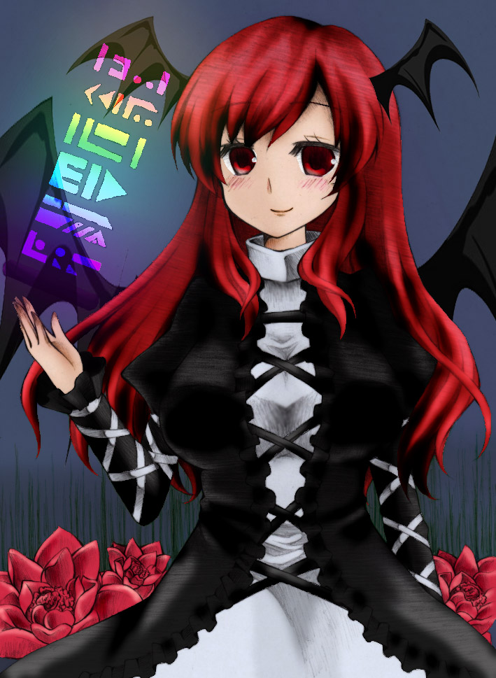 arm_up bat_wings black_dress blue_background blush breasts colorized cosplay cross-laced_clothes derivative_work dress flower head_wings hijiri_byakuren hijiri_byakuren_(cosplay) kagome_f koakuma large_breasts long_hair looking_at_viewer namusanbou red_eyes red_hair reymu rose simple_background smile solo sorcerer's_sutra_scroll touhou upper_body wings