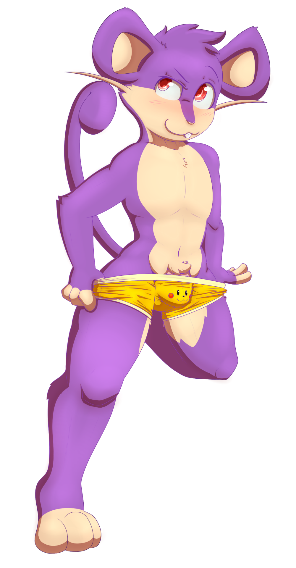 anthro anthrofied ballsack_outline boxer_briefs buckteeth clothed clothing front_view looking_away mammal naughty_face navel nintendo on_one_leg otto0ttsy penis penis_base penis_outline pinup pok&eacute;mon pose rattata rodent standing teeth topless underwear underwear_pull video_games whiskers