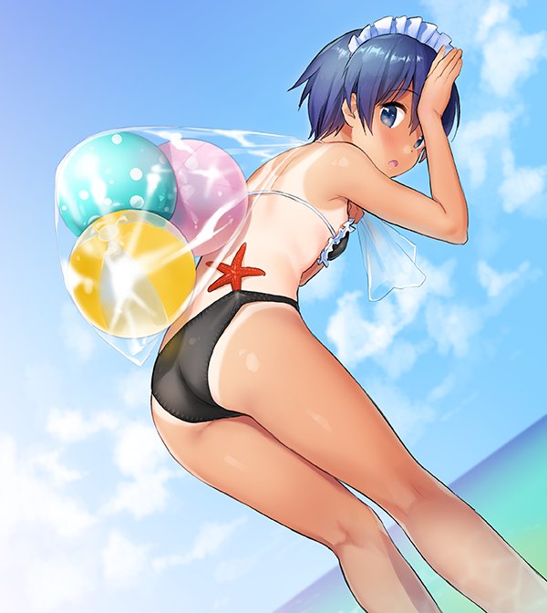 1girl :o ass ball beachball bikini black_bikini blue_hair cloud commentary_request from_side hand_on_own_forehead in_swimsuit kneepits looking_at_viewer looking_back maid_headdress one-piece_tan original sack sekiya_asami short_hair sky solo starfish swimsuit tan tanline water