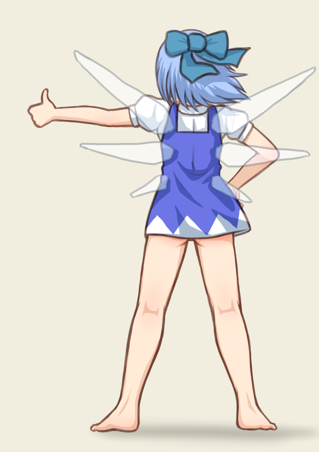 ass barefoot blue_dress blue_hair brown_background cirno dress from_behind full_body hair_ribbon hand_on_hip ice ice_wings iromeki_overdrive kneepits microdress outstretched_arm puffy_short_sleeves puffy_sleeves ribbon shirt short_dress short_hair short_sleeves simple_background sleeveless sleeveless_dress solo thumbs_up touhou white_shirt wind wings