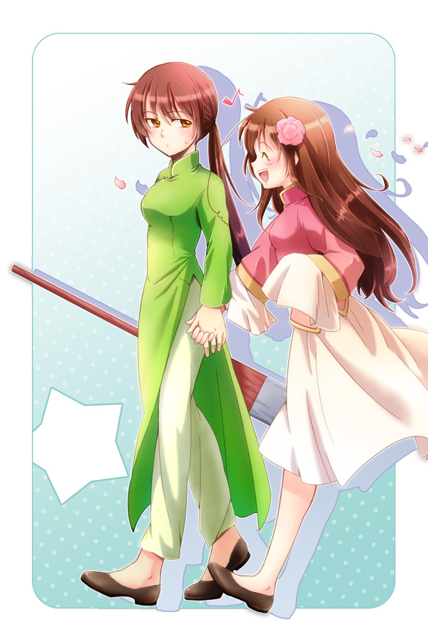 :/ :d ^_^ axis_powers_hetalia blush breasts brown_eyes brown_footwear brown_hair chinese_clothes closed_eyes closed_mouth dress eighth_note flower from_side gradient gradient_background green_dress hair_flower hair_ornament holding_hands long_hair medium_breasts miyanari multiple_girls musical_note open_mouth petals ponytail profile running shoes sideways_mouth silhouette sleeves_past_wrists smile star sweatdrop taiwan_(hetalia) vietnam_(hetalia) vietnamese_dress walking