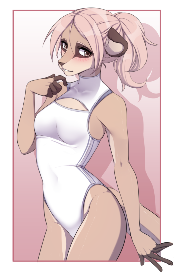 2016 alpha_channel anthro bare_shoulders beige_countershading blush border breasts brown_body brown_eyes brown_fur brown_markings brown_nose clothed clothing countershading digital_media_(artwork) eye_markings eyelashes female fingerless_(marking) front_view fully_clothed fur hair hair_bun humanoid_hands iwbitu looking_away mammal markings meerkat mongoose multicolored_body one-piece_swimsuit outside_border pink_hair portrait shaded shadow shy side_view small_breasts solo standing swimsuit tan_body tan_fur tan_tail teeth three-quarter_portrait three-quarter_view tisa_(iwbitu) transparent_border white_bottomwear white_topwear