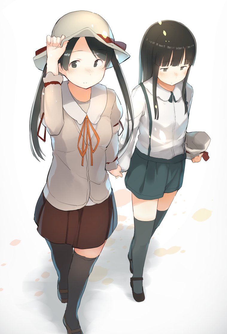 alternate_costume arm_up bangs black_footwear black_hair black_legwear blue_shorts blunt_bangs blush brown_footwear brown_skirt closed_mouth collared_shirt commentary eyebrows eyebrows_visible_through_hair full_body fuu_fuu hand_on_headwear hat hatsuyuki_(kantai_collection) holding holding_hands kantai_collection long_hair long_sleeves looking_at_viewer mikuma_(kantai_collection) multiple_girls neck_ribbon orange_ribbon pleated_skirt ribbon shirt shoes shorts sidelocks simple_background skirt smile suspenders thighhighs twintails walking white_background white_shirt