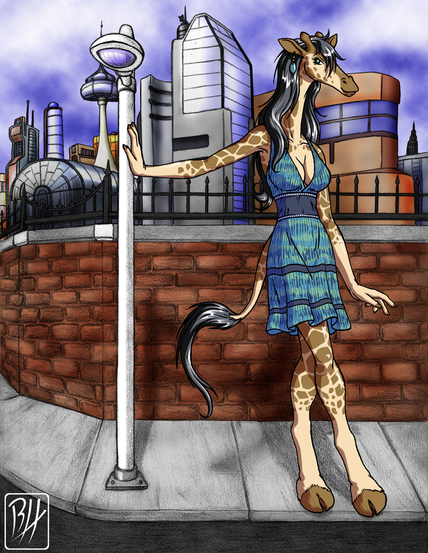 anthro breasts city clothing digital_media_(artwork) dress female giraffe looking_at_viewer mammal predaguy skyline tall