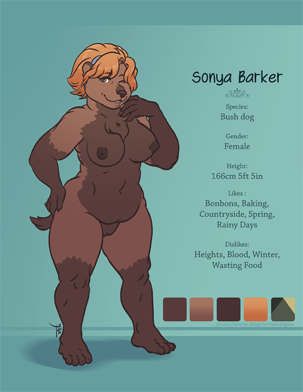 2016 4_fingers 4_toes anthro areola belly big_breasts biped blue_background breasts brown_areola brown_countershading brown_fur brown_markings brown_nipples brown_nose brown_pussy brown_tail bush_dog canid canine character_name chest_tuft color_swatch countershade_torso countershading curvaceous digital_drawing_(artwork) digital_media_(artwork) english_text eye_through_hair eyebrows eyebrows_visible_through_hair eyelashes female front_view full-length_portrait fupa fur fur_tuft gloves_(marking) hair hairband hand_on_hip looking_aside looking_away mammal markings measurements model_sheet navel nipples nude one_eye_closed open_mouth open_smile orange_hair overweight overweight_female pink_tongue plantigrade portrait pussy shadow short_hair simple_background smile snout socks_(marking) solo sonya_barker species_name standing teeth text thetiedtigress thick_thighs toes tongue translucent_hair tuft wink yellow_eyes