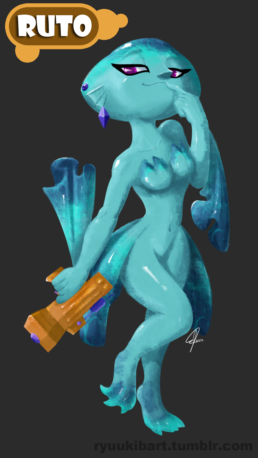 breasts crossover ear_piercing english_text female nintendo ocarina_of_time piercing princess_ruto purple_eyes ryuukiba smile solo splatoon text the_legend_of_zelda video_games water_gun zora