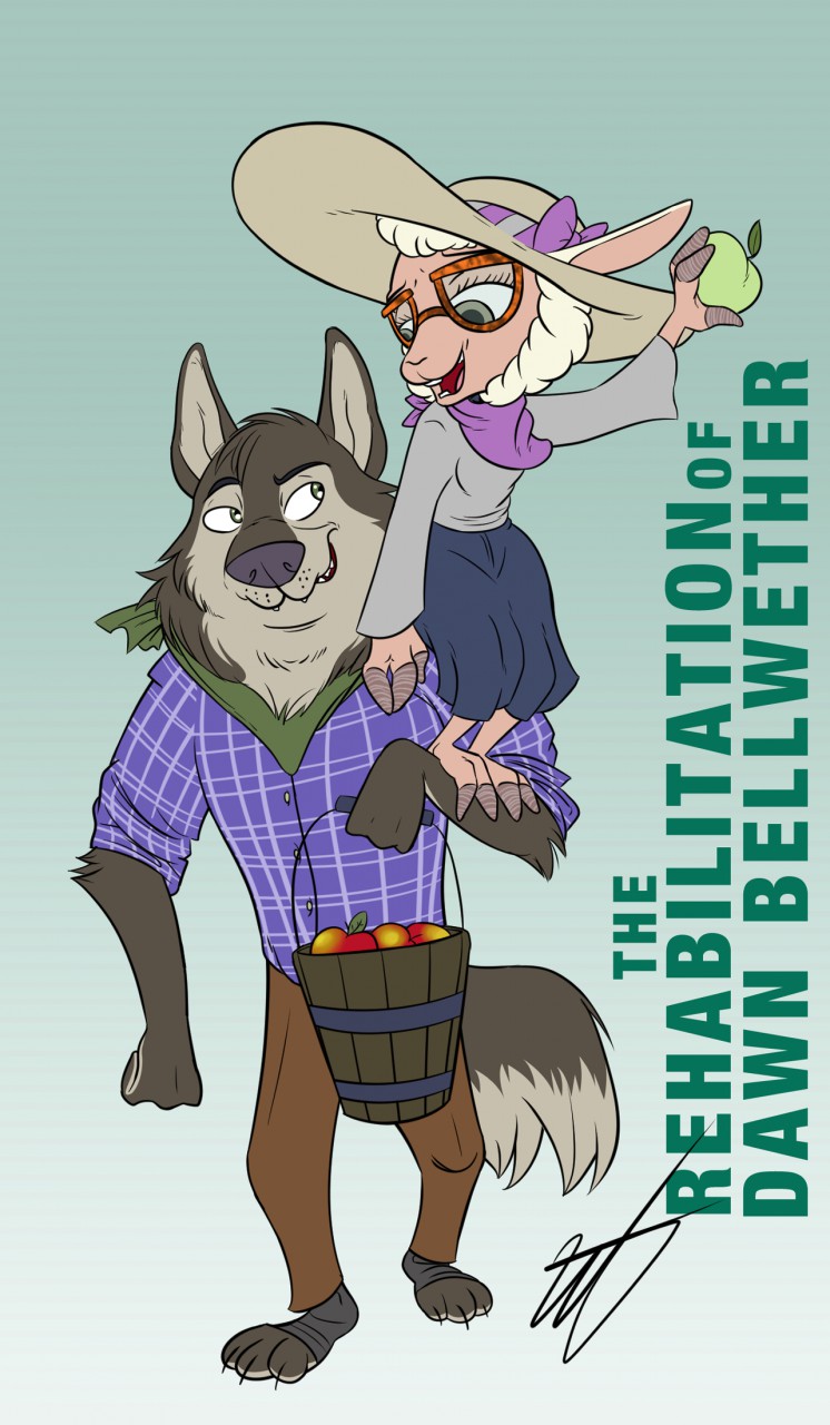 anthro apple brown_fur canine caprine claws dawn_bellwether disney duo english_text eyelashes eyewear fan_character female flannel food fruit fur glasses male mammal neckerchief open_mouth sheep smile sun_hat text toe_claws wastedtimeee wolf zootopia