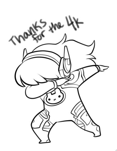 :x animal_print bangs bodysuit bunny bunny_print chibi covered_face d.va_(gremlin) d.va_(overwatch) dab_(dance) english floating_hair followers full_body headphones legs_apart lineart lolo_pan long_hair lowres monochrome number outstretched_arm overwatch pilot_suit pose simple_background standing thank_you tiptoes