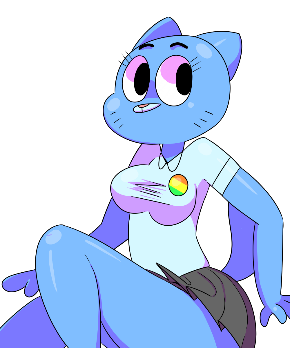 anthro blue_fur breasts cartoon_network cat clothed clothing collared_shirt dress_shirt feline female flutteringpie fur looking_over mammal mature_female mother nicole_watterson parent shirt skirt solo the_amazing_world_of_gumball wide_hips