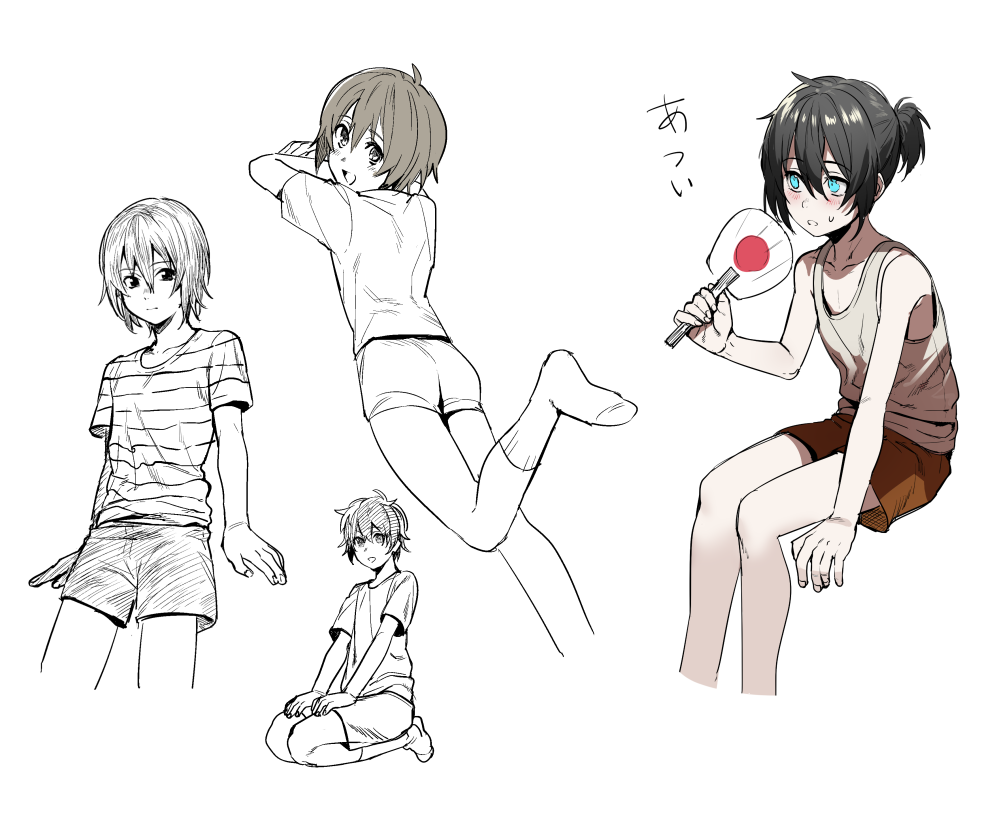 bad_id bad_pixiv_id bare_shoulders blue_eyes erubo fan male_focus multiple_boys partially_colored seiza shirt shorts sitting socks striped striped_shirt tank_top