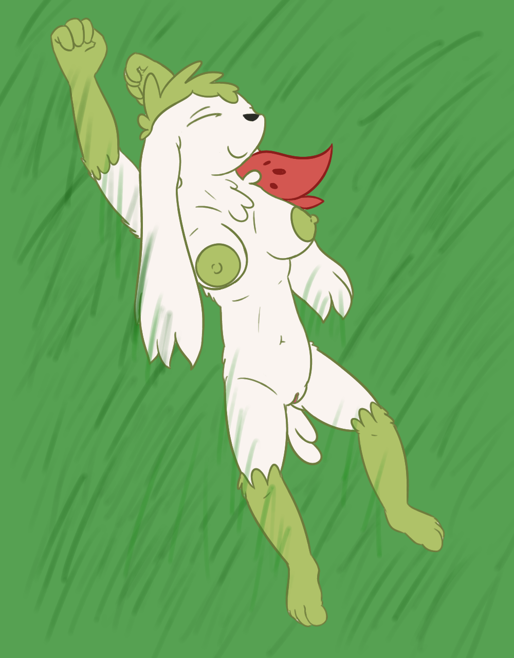 anthro areola black_nose breasts chest_tuft erect_nipples eyes_closed female floppy_ears flower flower_petals fur grass green_fur head_tuft hedgehog legendary_pok&eacute;mon lying mammal multicolored_fur navel nintendo nipples nude on_back petals plant pok&eacute;mon posexe pussy shaymin shaymin_(sky_form) simple_background smile solo spread_legs spreading tuft two-tone_fur video_games white_fur