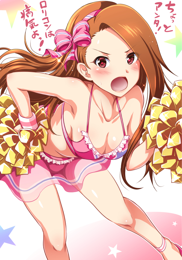 1girl bikini blush breasts brown_hair cheerleader clavicle cleavage female gradient gradient_background hair_ornament idolmaster light-skinned long_hair minase_iori open_mouth red_eyes ribbon small_breasts stomach straddling swimsuit yokoyama_naoki