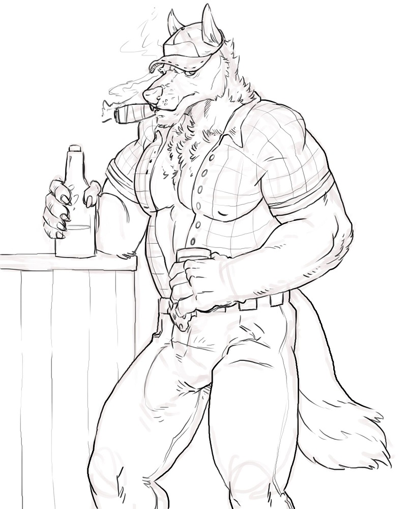 2015 5_fingers alcohol anthro badcoyote beer belt beverage biceps black_and_white bottle bulge canine cigar claws clothed clothing cup digital_drawing_(artwork) digital_media_(artwork) erection erection_under_clothes hat holding_object line_art looking_at_viewer male mammal monochrome muscular muscular_male nipple_bulge open_shirt pants pecs portrait shirt simple_background smoke smoking solo standing three-quarter_portrait white_background wolf