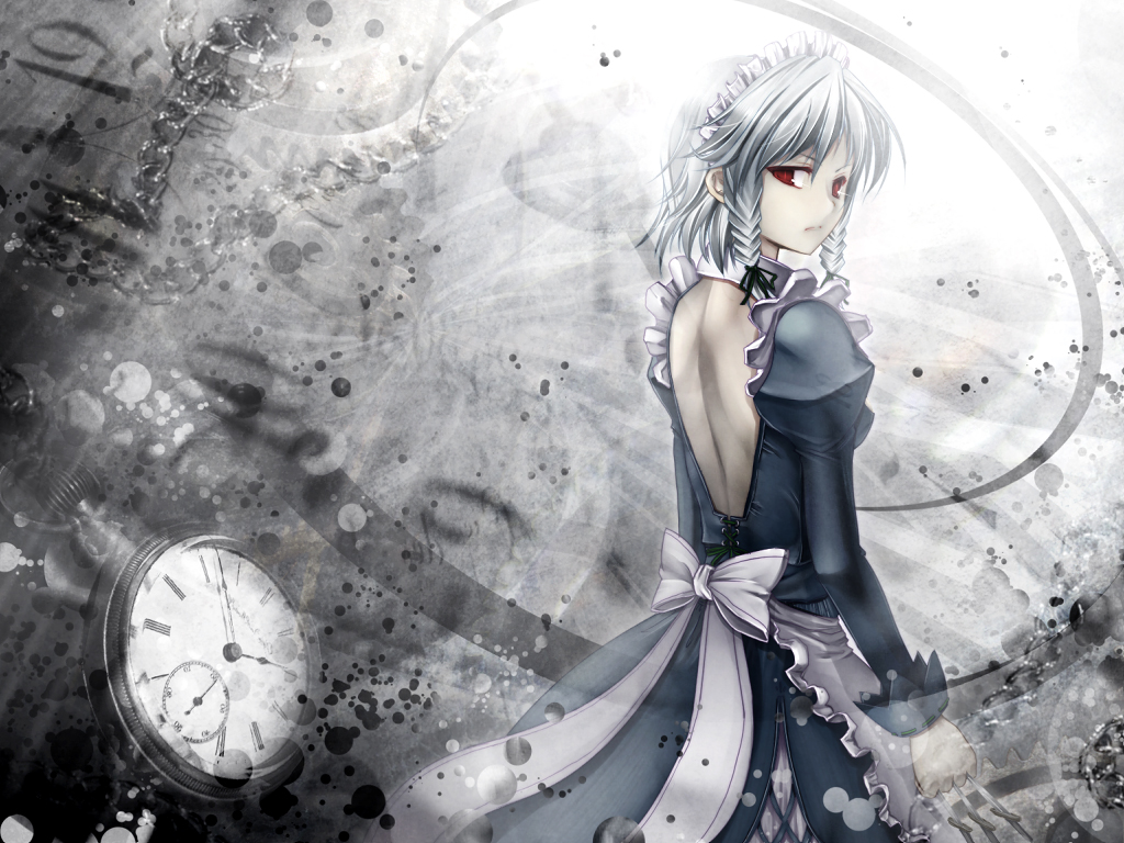 back backless_outfit bare_back braid clock hairband izayoi_sakuya knife looking_back maid pocket_watch red_eyes ribbon scarlet_(studioscr) short_hair silver_hair solo touhou twin_braids wallpaper watch