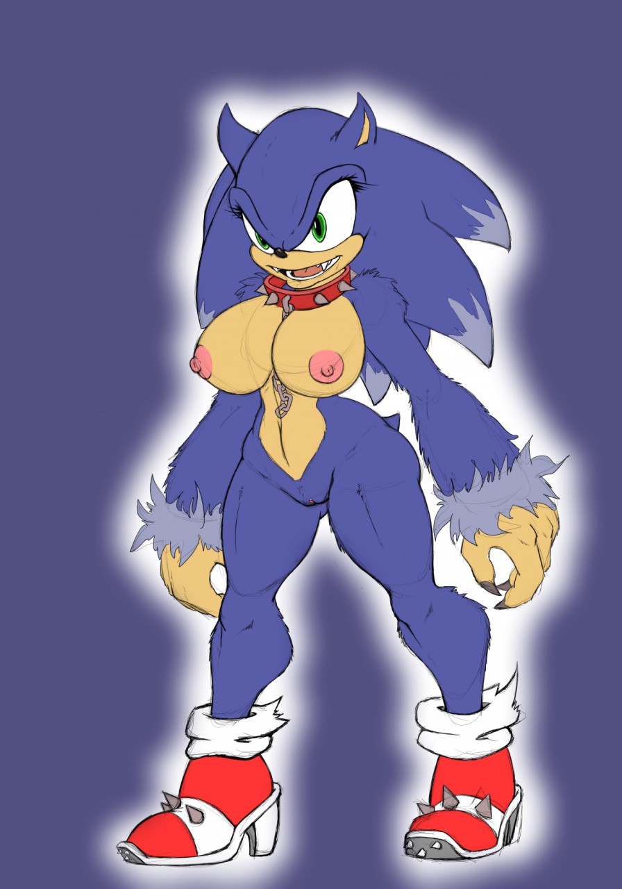 2016 anthro areola big_breasts breasts collar crossgender erect_nipples female hi_res huge_breasts nipples nude pussy slashysmiley solo sonic_(series) sonic_the_werehog soulteam werehog