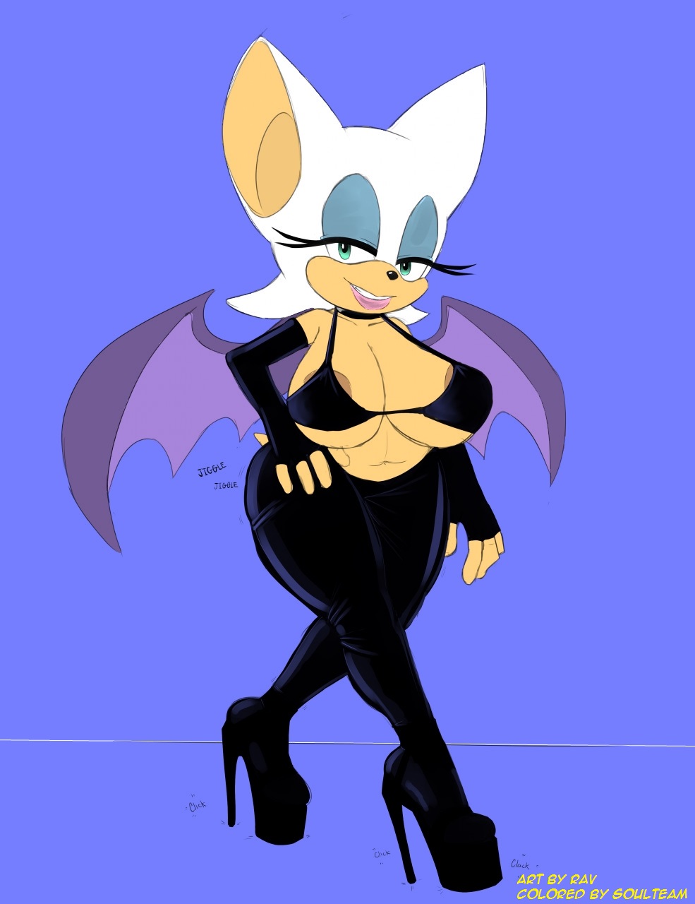 anthro areola bat big_breasts breasts cleavage clothed clothing female hi_res huge_breasts looking_at_viewer mammal nipple_slip ravnic rouge_the_bat smile solo sonic_(series) soulteam wide_hips wings