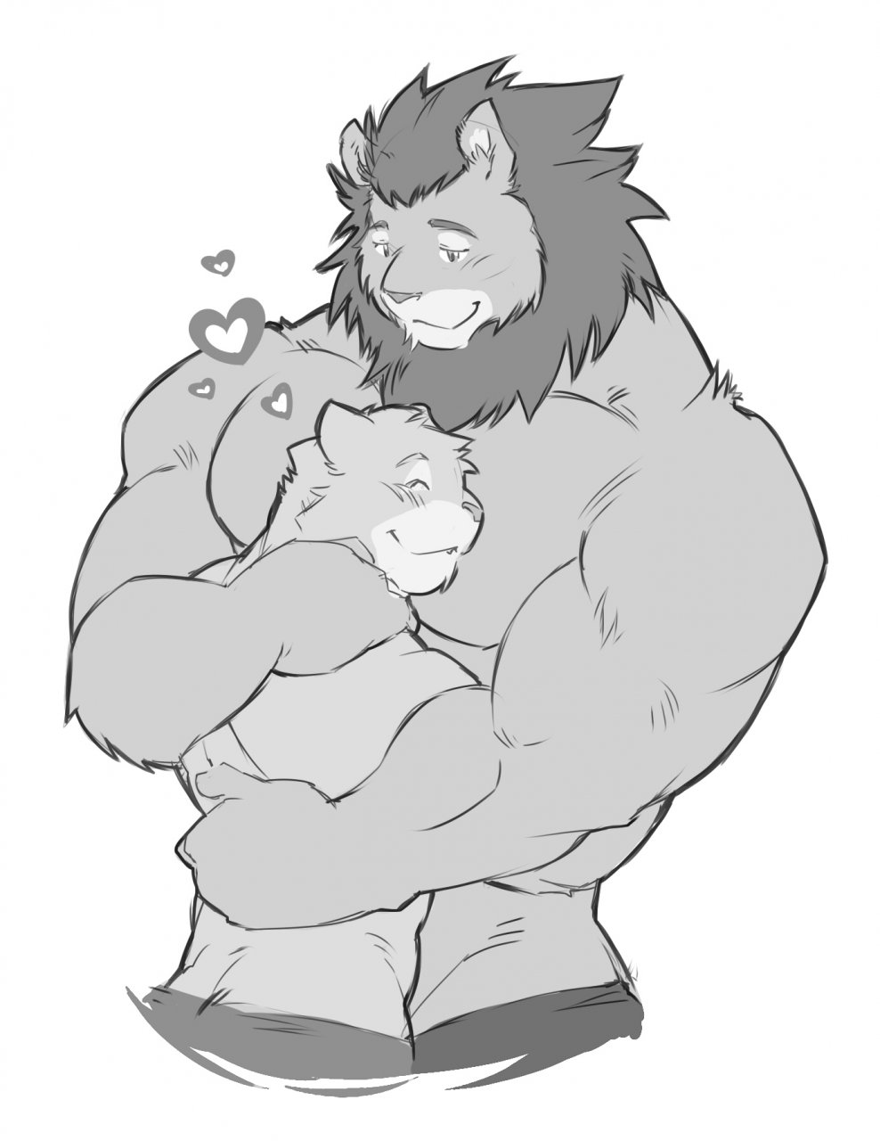 &lt;3 2011 anthro biceps big_muscles cougar digital_media_(artwork) duo evane eyes_closed feline fur greyscale happy hi_res hug kokuhane larger_male lion looking_down love male male/male mammal mane mark_(evane) monochrome muscular muscular_male pecs simon_(evane) simple_background size_difference smaller_male smile white_background