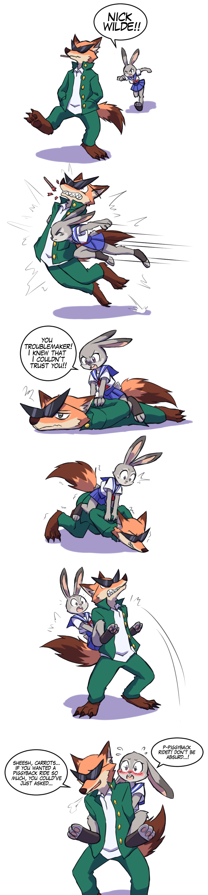 absurd_res blush canine carrying clothing comic disney duo eyewear female fox hi_res judy_hopps lagomorph male mammal nick_wilde on_top paulgq piggyback rabbit school_uniform simple_background sunglasses tackle uniform white_background zootopia