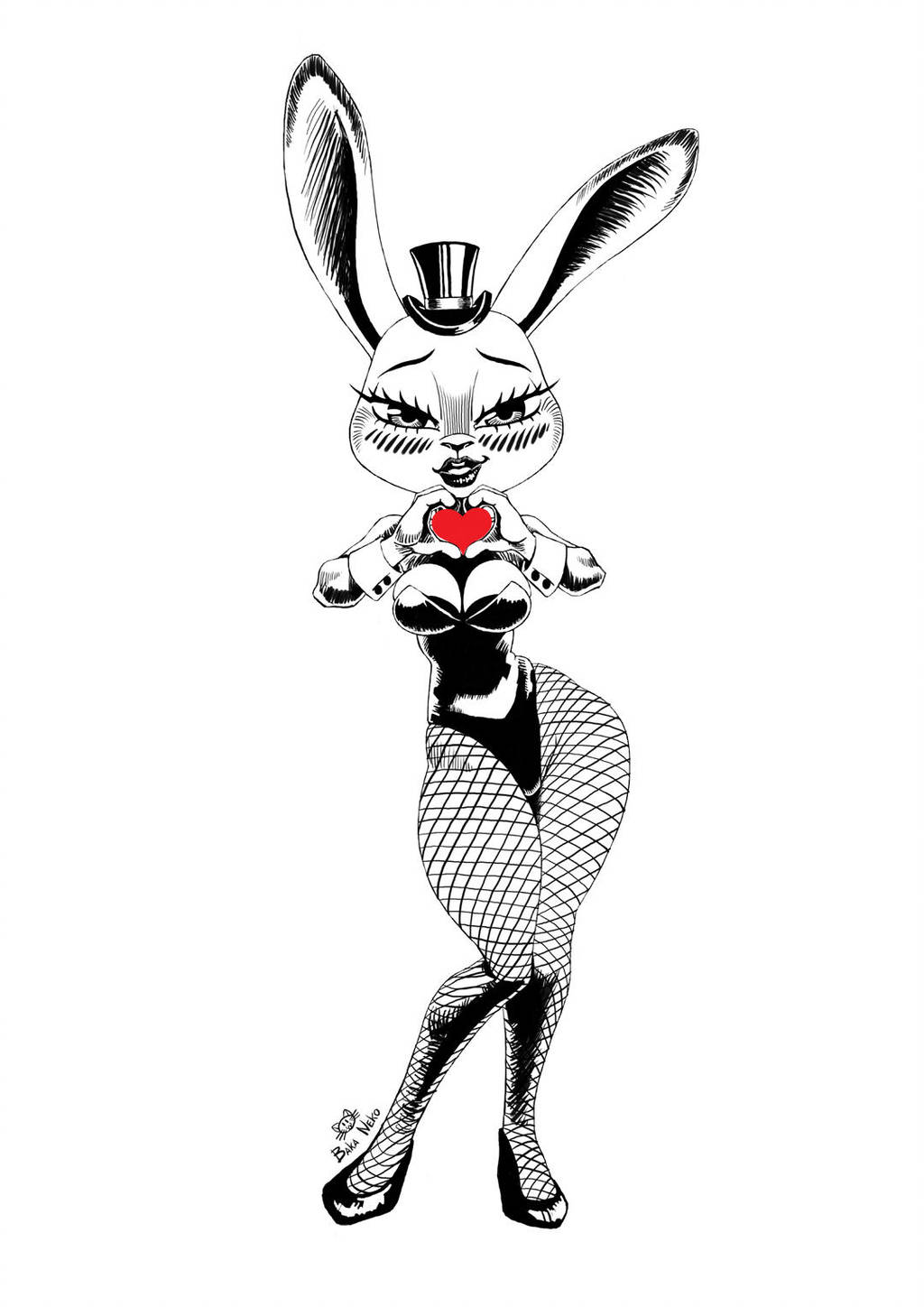 &lt;3 big_breasts blush breasts cleavage clothed clothing disney female fishnet fishnet_legwear greyscale hand_heart hat hi_res judy_hopps lagomorph legwear mammal monochrome paper---man_(artist) rabbit simple_background skimpy solo thick_thighs top_hat white_background zootopia
