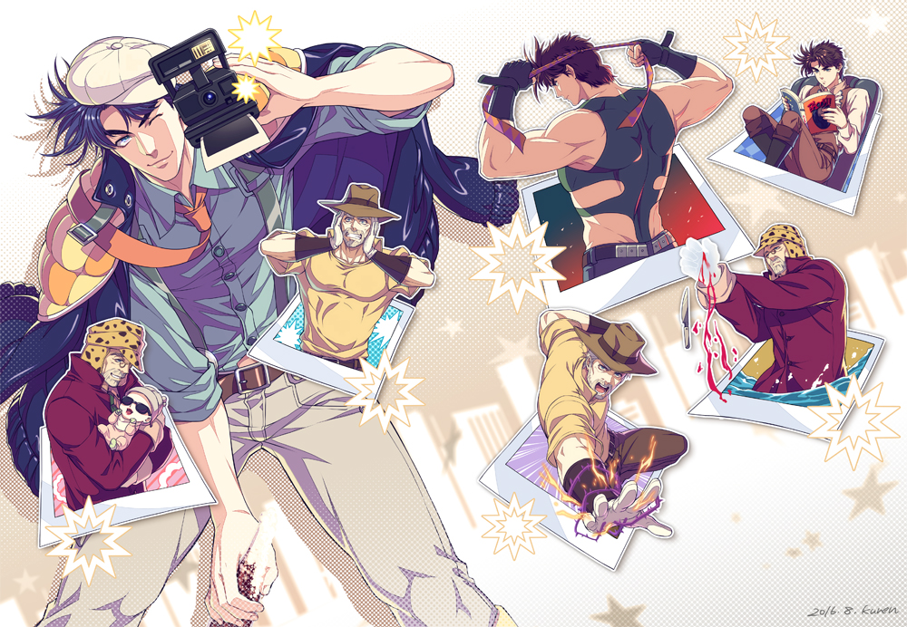 age_comparison artist_name baby beard black_gloves blood blue_hair book bottle brown_hair camera carrying comic dated facial_hair glasses gloves grey_hair hands_on_own_face hat headband hermit_purple jacket jojo_no_kimyou_na_bouken joseph_joestar joseph_joestar_(young) knife kuren multiple_persona muscle necktie older one_eye_closed photo_(object) polaroid shizuka_joestar signature smile soda_bottle stand_(jojo) sunglasses suspenders white_gloves younger